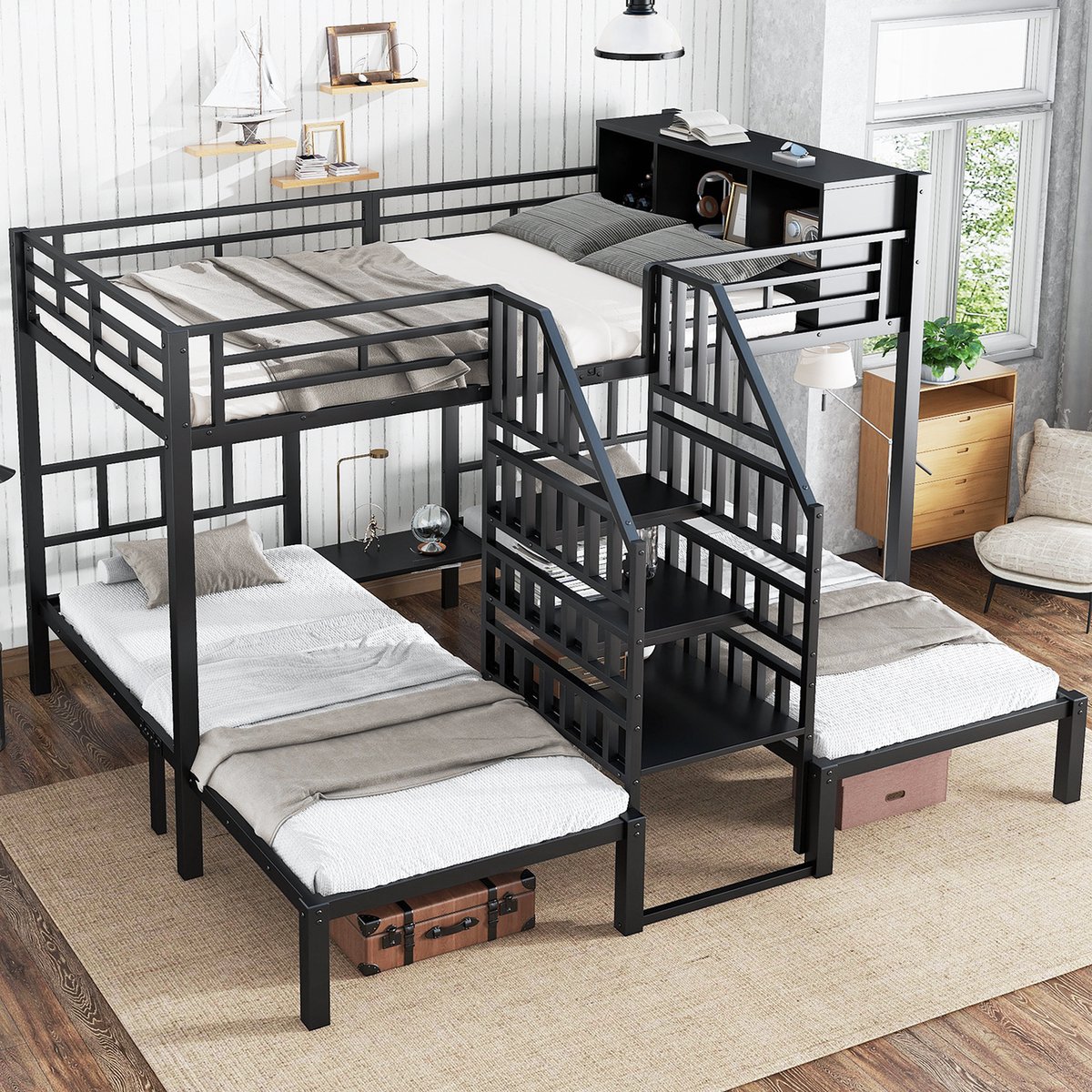 DESMIU Metalen Stapelbed 90x200cm En 140x200cm Zonder Matras - Drie Slaapplaatsen - Trap Met Leuningen - Opbergruimte Boven - Voor Kinderkamer - Zwart