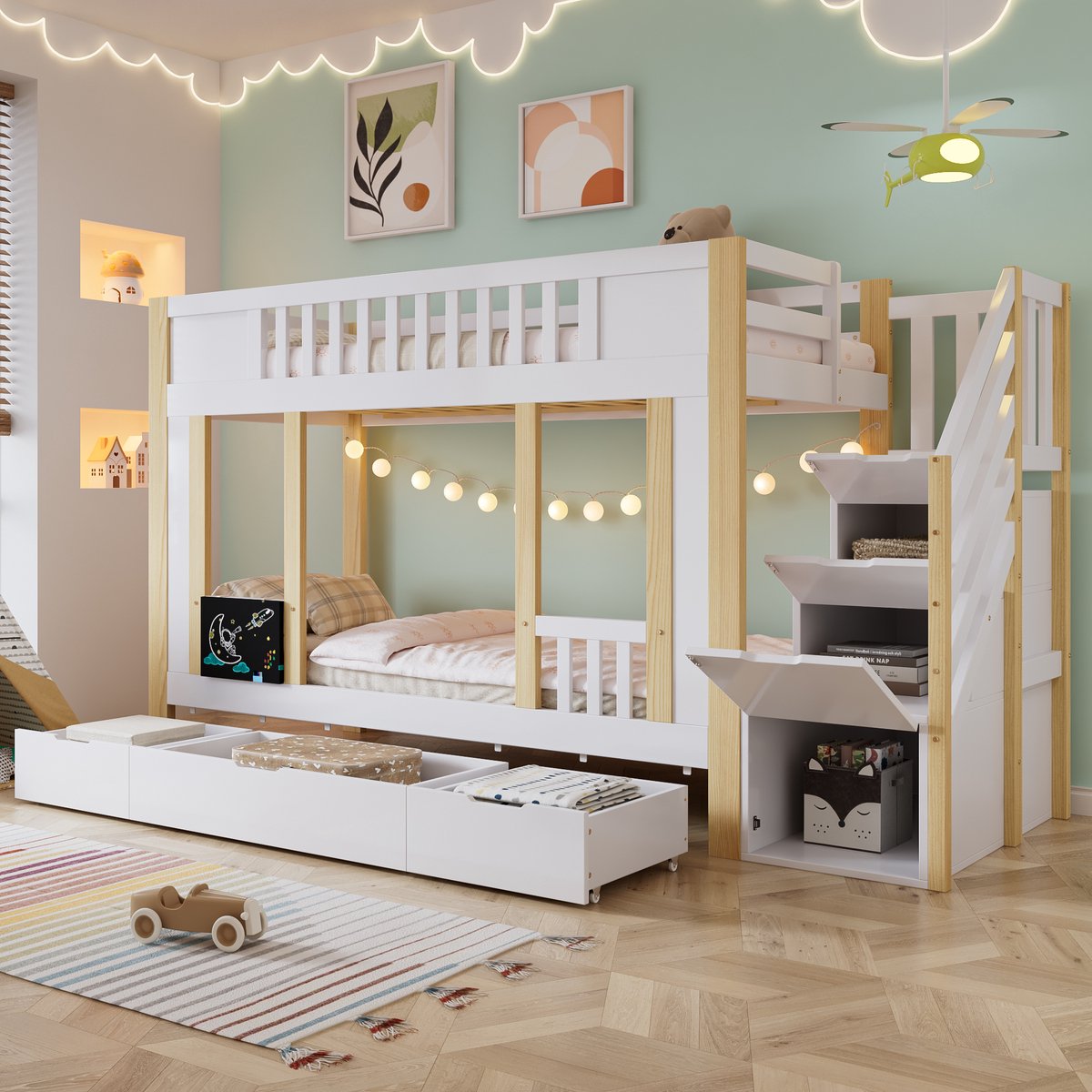DESMIU Stapelbed 90x200cm – Kinderbed Met Trapkast & Krijtbord – Met 3 Laden Op Wielen – Voor Kinderkamer – Hout En MDF – Wit Natuur – Zonder Matras
