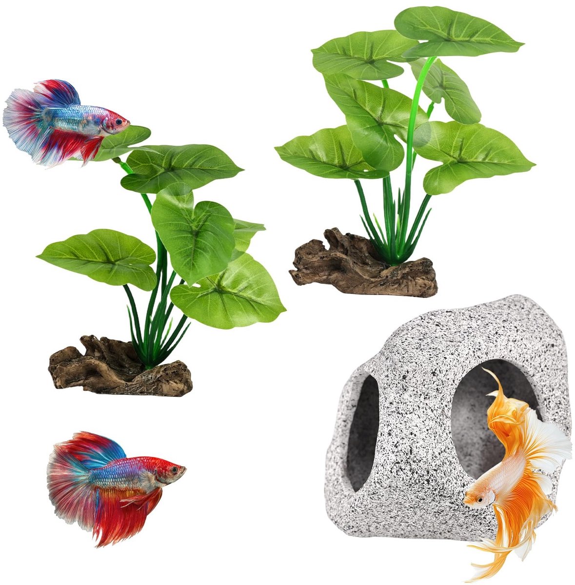 Dailygoods- Aquariumplanten Set - 3 Stuks Kunstzijden Planten - Rotsgrot Schuilplaats - Aquariumdecoratie - Keramiek/Hars - Natuurlijke Look