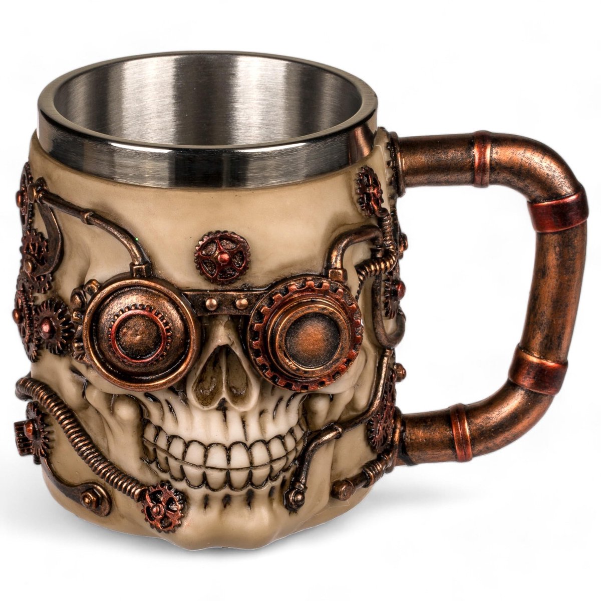 Dailygoods- Bierpul 3D-doodskopdesign - Steampunk Skull - Kunststeen met roestvrijstalen inzetstuk - 400 ml - Uniek ontwerp - Ideaal voor steampunk fans - Drinkbeker