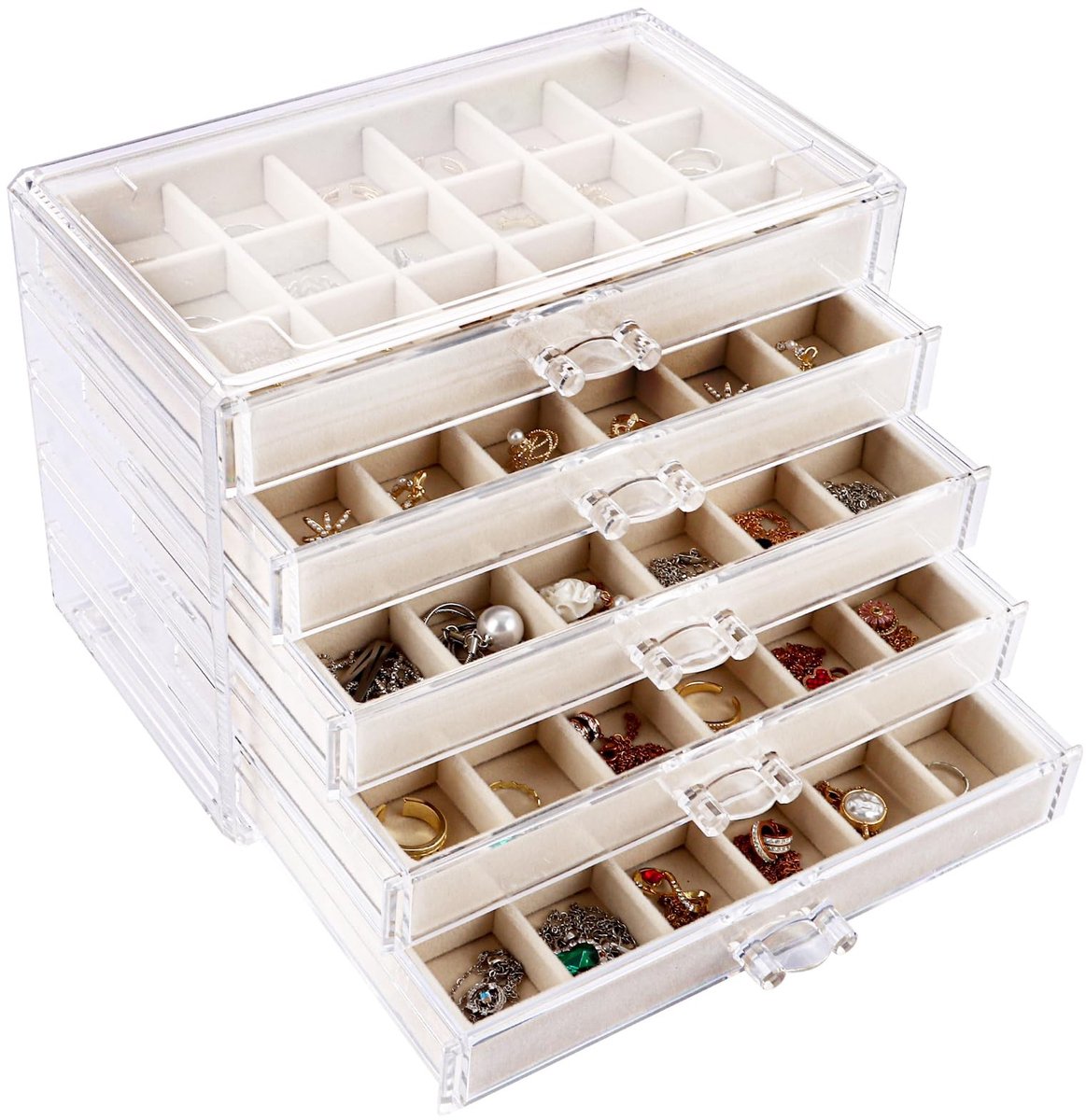 Dailygoods- Sieradenbox 5 Lagen - Sieraden Opbergdoos - Organisator voor Ringen/Earrings/Halskettingen - Velvet Bekleding - Acryl Buitenkant - 24 x 13,5 x 17 cm - Sieradenopbergdoos