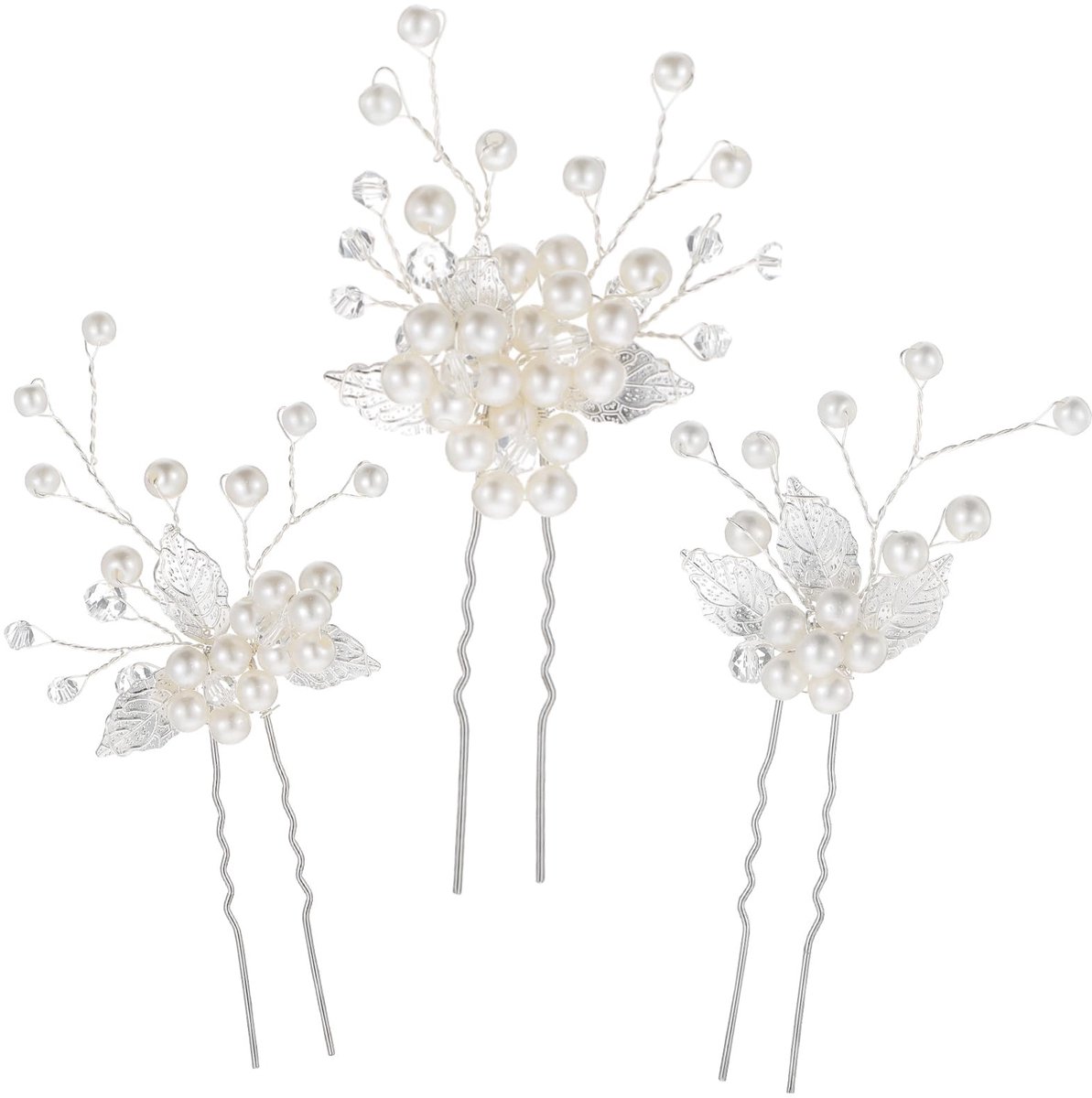 Dailygoods- Haarspelden Elegante Zilver - Bruidshaaraccessoires - Haarspelden Bruidsmeisjes - Haarspeldjes met Strass - 3 Stuks - Handgemaakt Kunstparels - Haaraccessoires