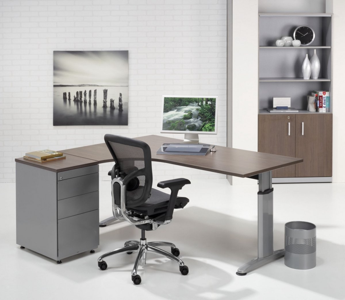 HHV | Hoekbureau T-Model Links 180x120cm | Kleurblad: Licht Eiken| Framekleur: Wit (RAL 9010)
