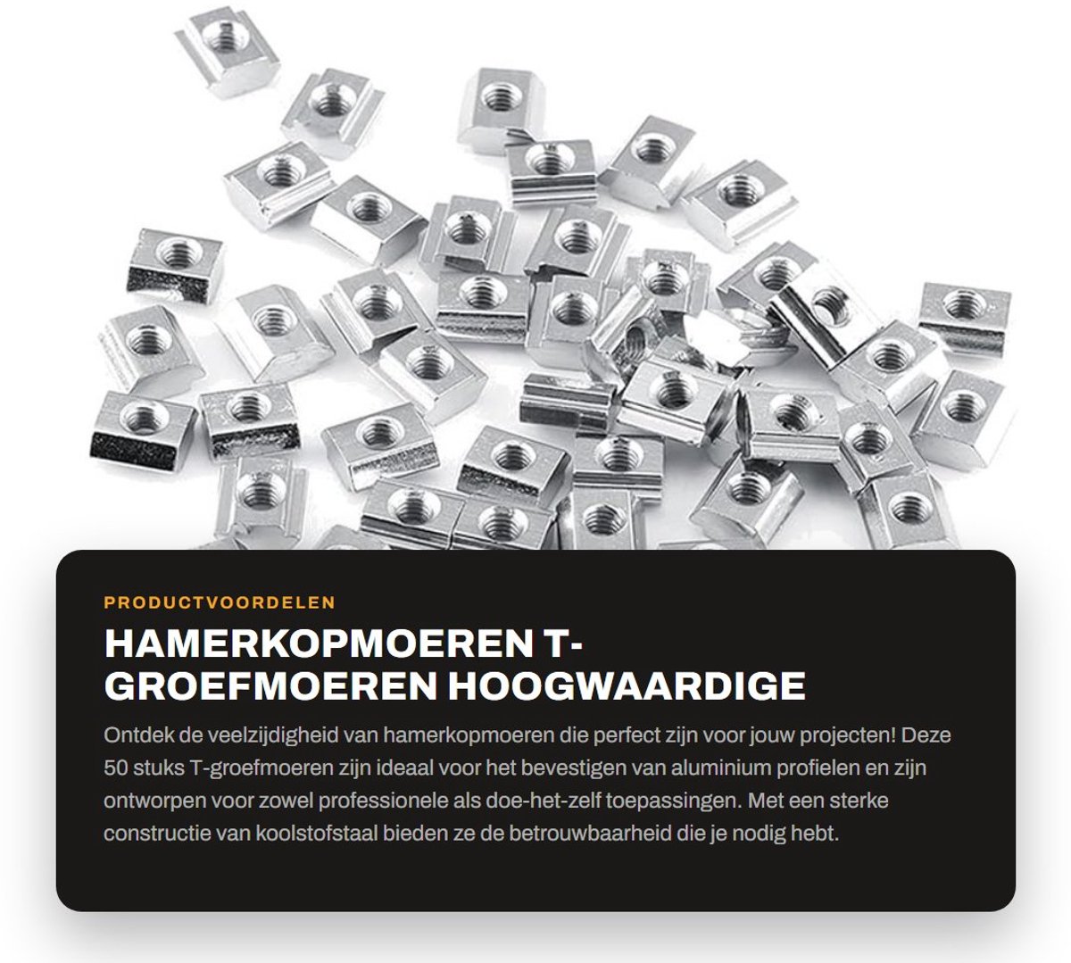 Dailygoods- Hamerkopmoeren 50 Stuks - T-groefmoeren - Koolstofstaal - Aluminium Profiel Accessoires - Professionele Kwaliteit - Europese Standaard