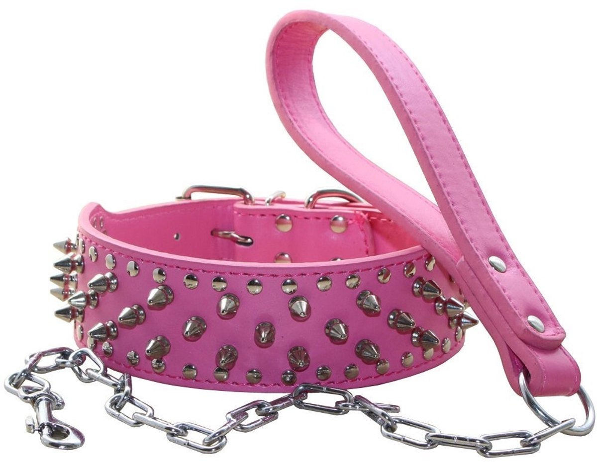 Dailygoods- Hondenhalsband Punk Spiked - Zacht Lederen Halsband/Leiband Set - RVS Gesp - Heavy Duty - Geschikt voor Pitbull/Bulldog/Doberman - Maat Klein/Medium/Groot/XL - Hondentuig