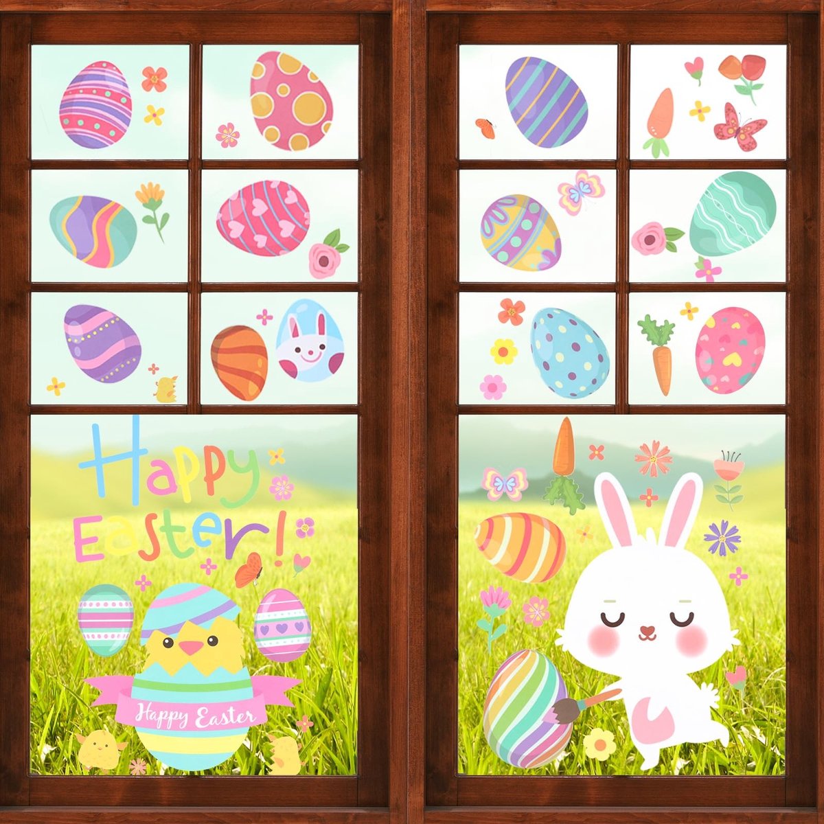 Dailygoods- Paasraamstickers 9 Vellen - Niet-klevend - Dubbelzijdig - Kleurrijke Eieren/Wortel/konijn - PVC/Papier - 20x30 cm - Raamdecoratie