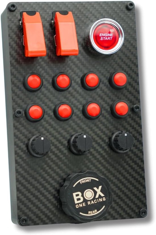 Zwarte carbon knoppenbox met rode schakelaars, rode startknop, rode drukknoppen en zwarte draaiknoppen.