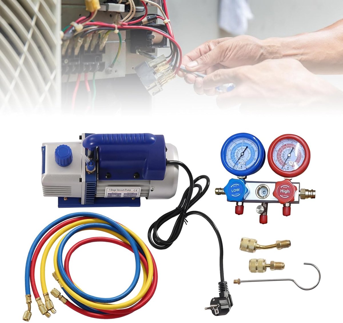 Vacuümpomp set - Onderdrukpomp - Airco onderhoud - Geluidsarme werking - 60 l/min - Blauw