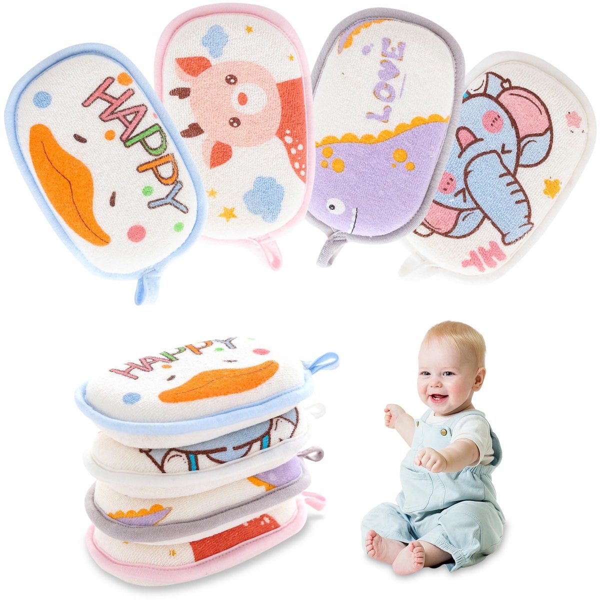 Dailygoods- Washandjes 4 Stuks - Badspons met Cartoon Design - Douchespons - Sterke Wateropname - Eenvoudige Opslag - Geschikt voor Baby's en Kinderen