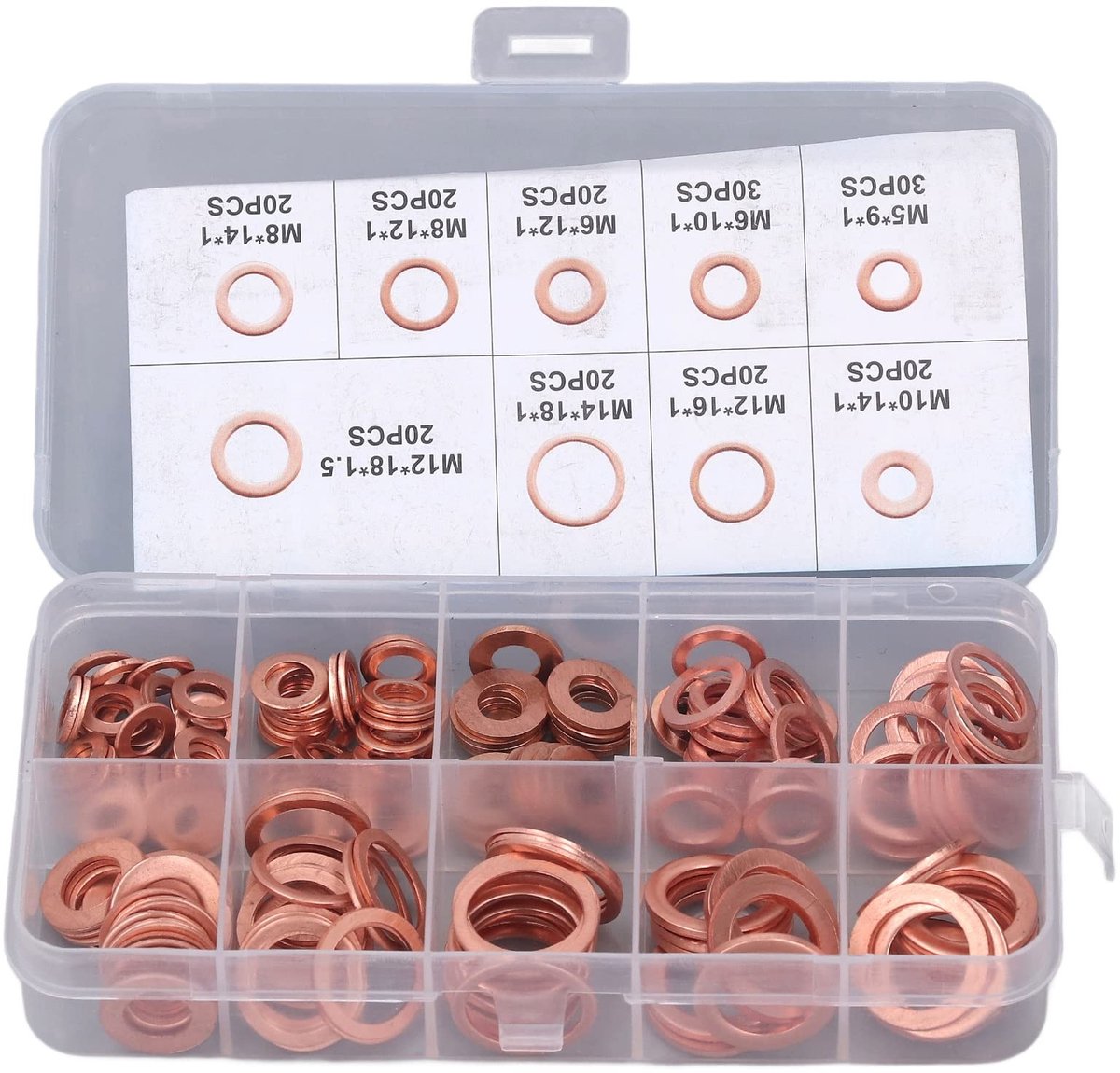 Dailygoods - Olieaftapplugpakkingen - Assortiment - Rood Koper M5-14 - 200 Stuks - Kwaliteit - Diverse Soorten - Geschikt voor Onderhoud - Handig