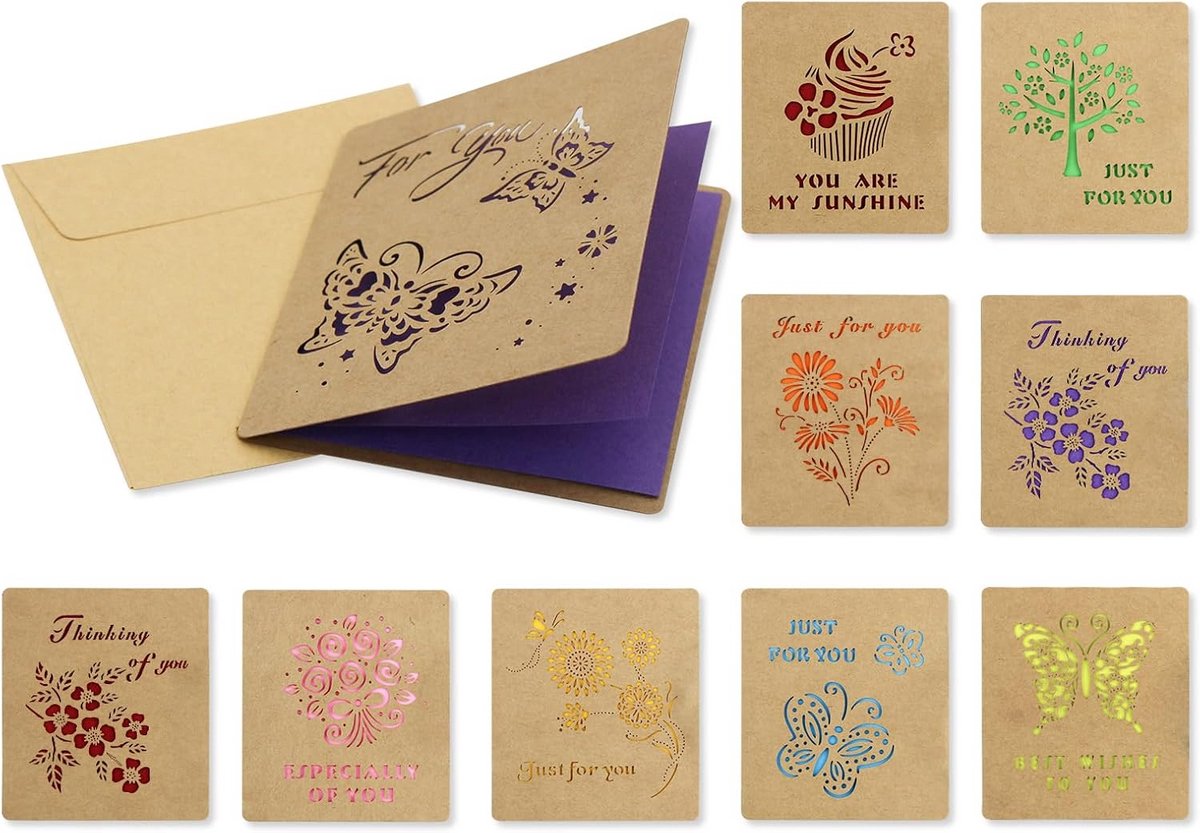 Wenskaarten met enveloppen - Kraftkaarten Kraftpapier - Cadeaus geven - Vintage design - 10 stuks - Bruin