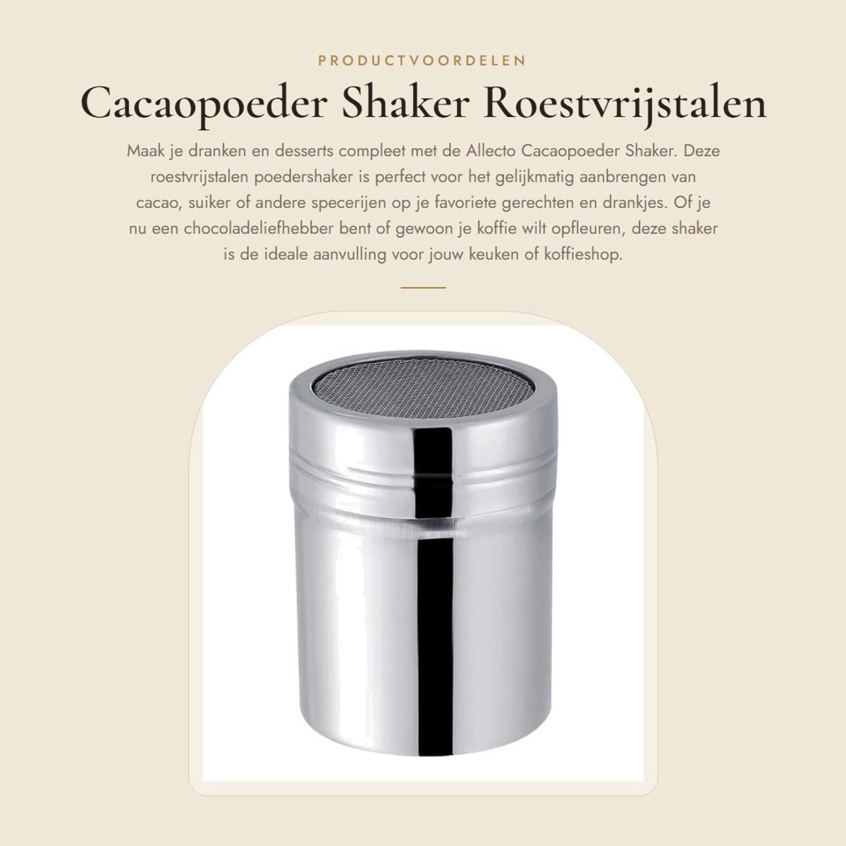 Dailygoods- Cacaopoeder Shaker - Roestvrijstalen Constructie - Stofdicht Deksel - Gelijkmatig Strooien - Keuken/Horeca - Compact (5,5*8,2 cm) - Poedershaker