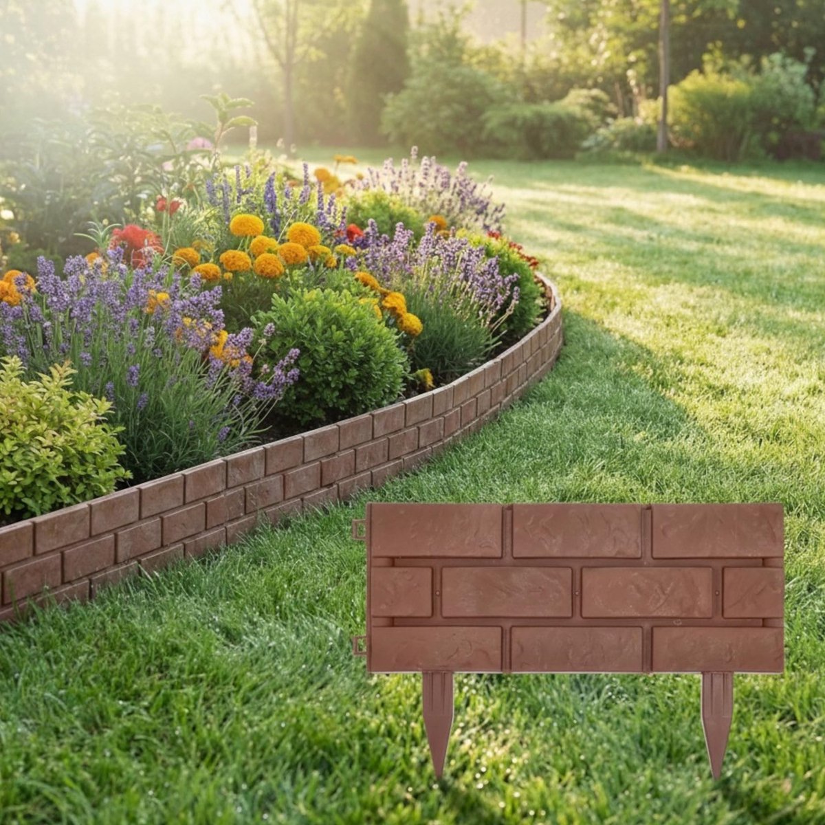 Dailygoods- Beetumranding 170 cm set van 4 - Borderrand in steenlook - Bruin met grondpennen - Voor bloembedden/paden - Modern en natuurlijk design - Eenvoudig te onderhouden - Tuinrand