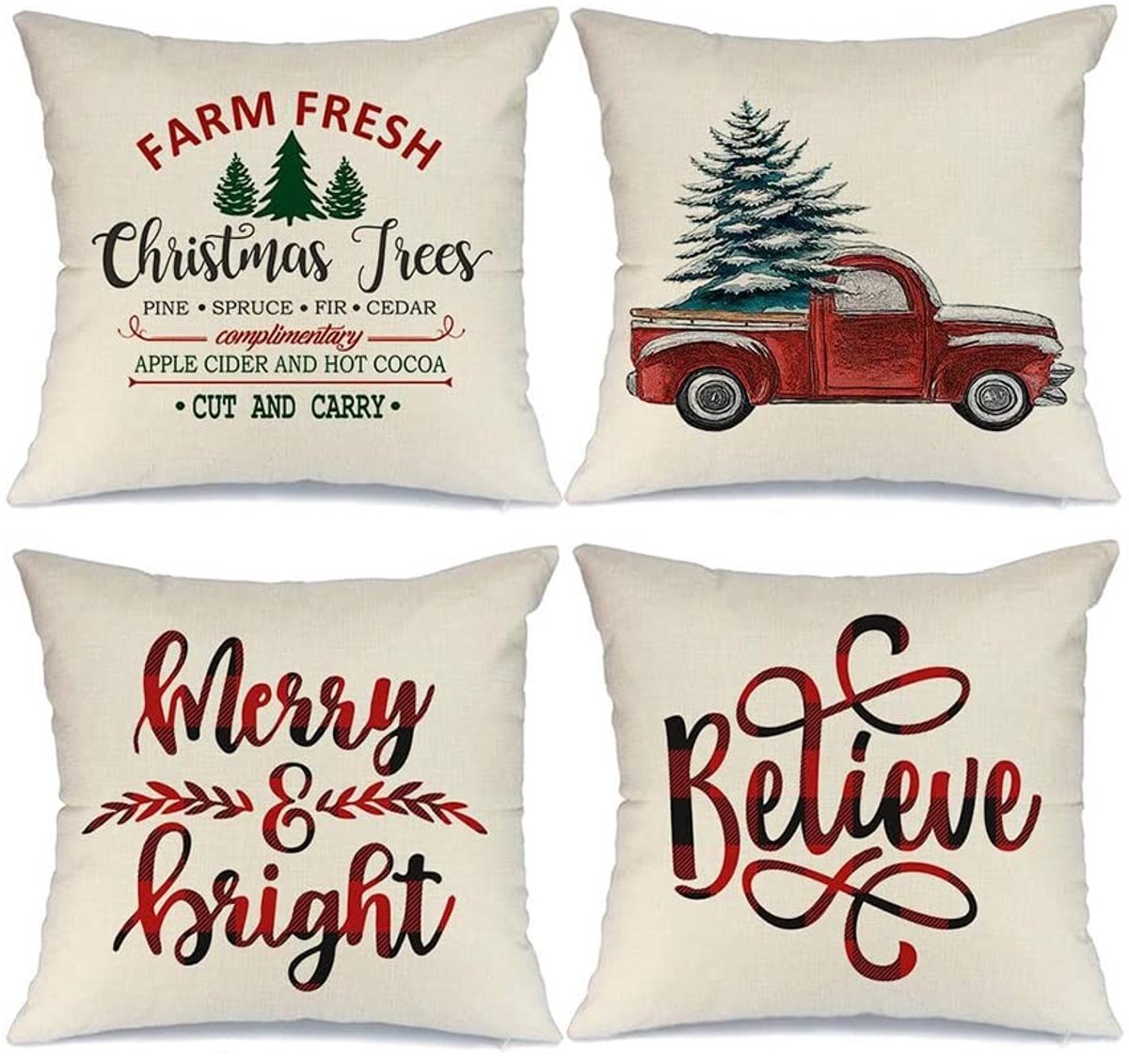 Dailygoods- Kerstkussenslopen 45 x 45 cm - 4 stuks - Katoenen Linnen - Aquarelprints - Decoratieve Kussens - Onzichtbare Ritssluitingen - Kussenhoezen