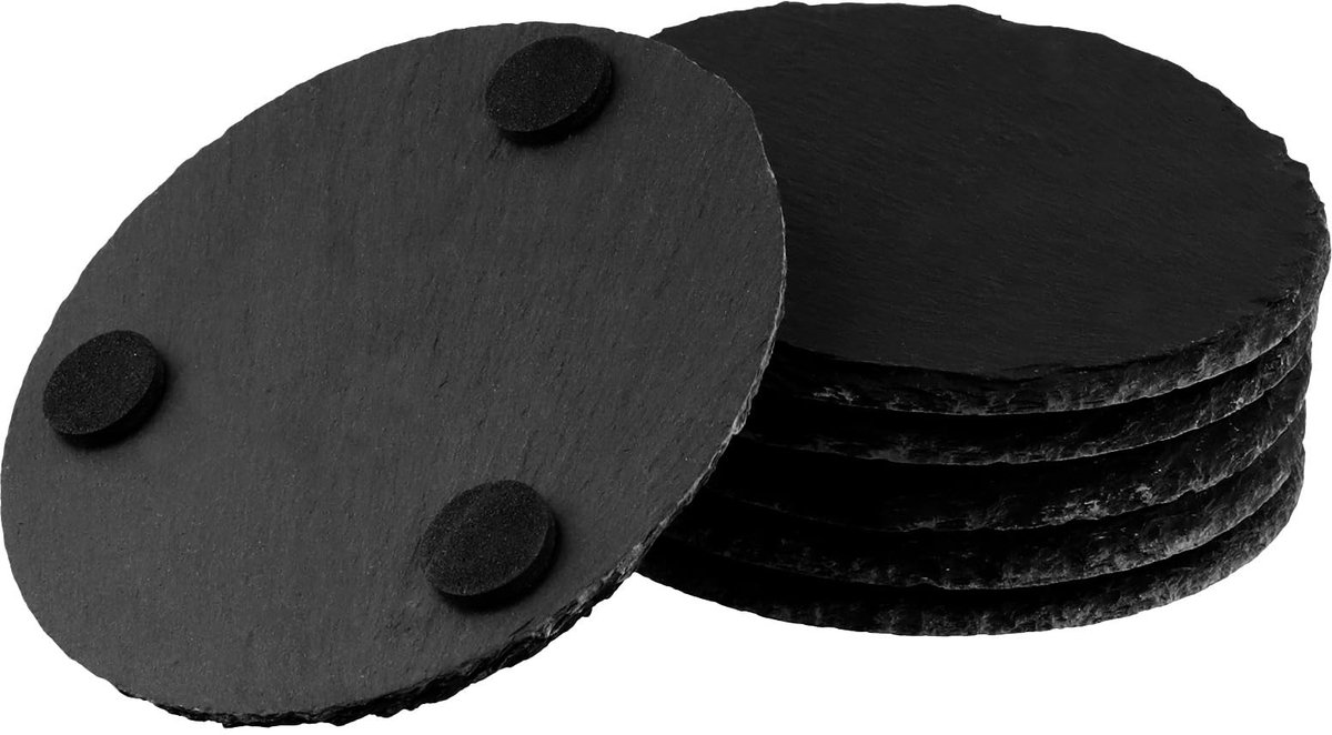 Dailygoods- Onderzetters 24 Stuks - Ronde Leisteen - Zwarte Stenen - Antikras Achterkant - Natuurlijke Elegantie - 10 cm Diameter - Onderzetter