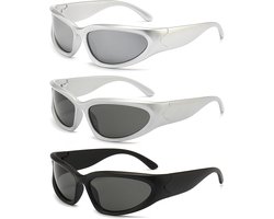 Zonnebrillen Set - Techno Brillen - Outdoor Activiteiten - UV400 Bescherming - 3 Stuks - Zwart Zilver