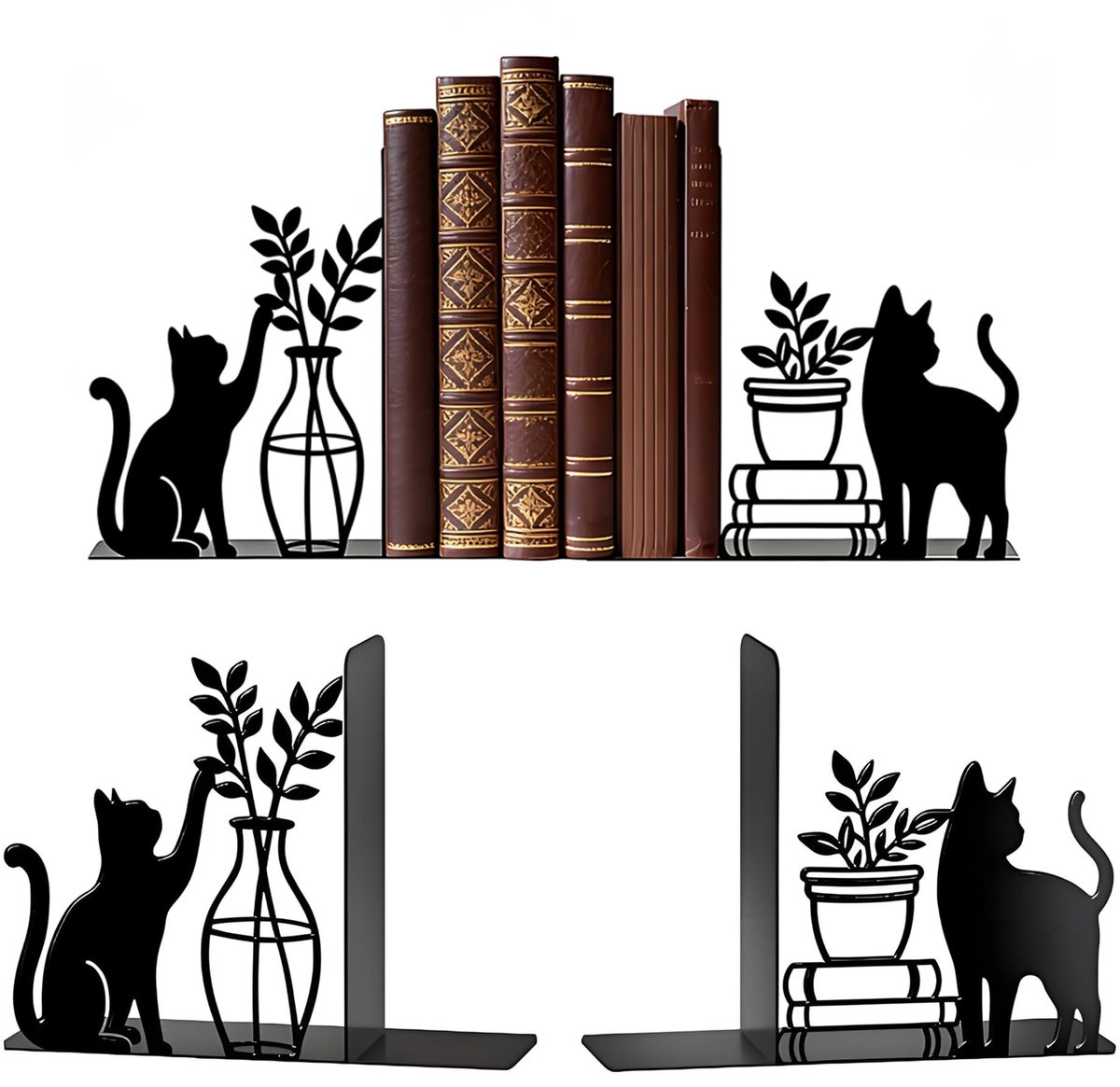 Dailygoods- Boekensteunen Uniek Kat - Decoratief Beeld - Antislip - Duurzaam - Matzwart Metaal - Ideaal voor Thuis/Kantoor - Boekenstandaard