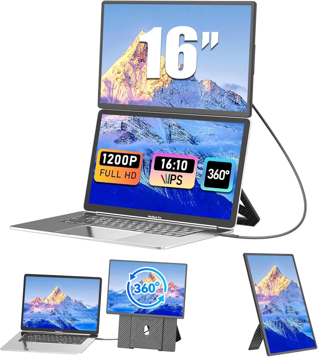 Draagbare Monitor - Laptop Extender - Mobiel Werken - 360 Graden Draaibaar - 16 Inch FHD - Zwart