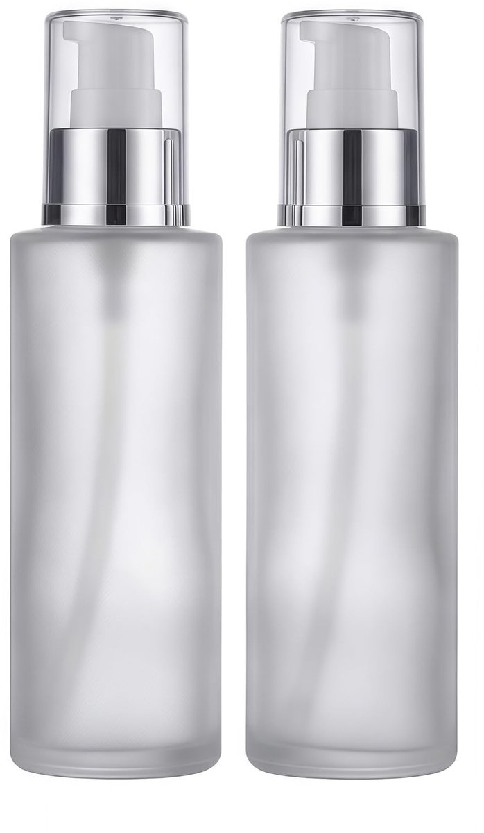 Dailygoods- Lotionpompfles 100ml - 2 Stuks - Frosted Glas - Aluminium Pomp - Herbruikbaar - Geschikt voor Lotion/Cream - Cosmeticfles