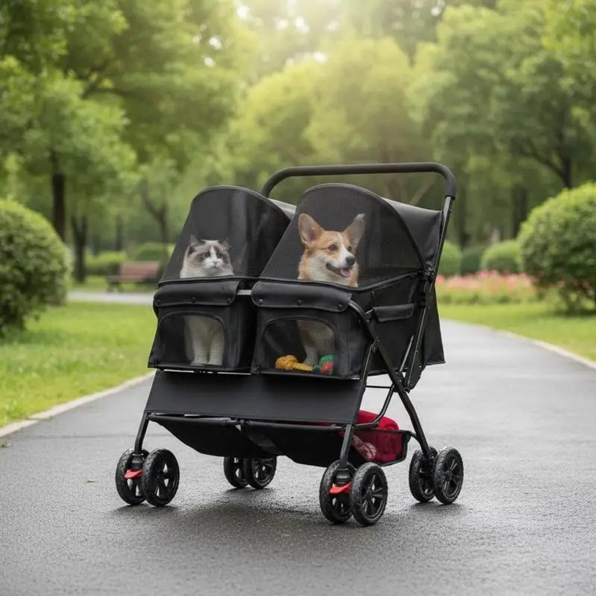 Opvouwbare dubbele hondenbuggy met verstelbaar zonnekap en opbergmand - Zwart - AliExpress 15