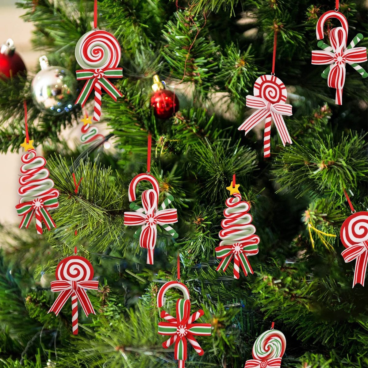Dailygoods- Snoep Ornamenten Set - 8x Kerstversieringen - Lollipop Decoraties - Snoepriet Hangend - Polymeerklei - Veiligheidswaarschuwing
