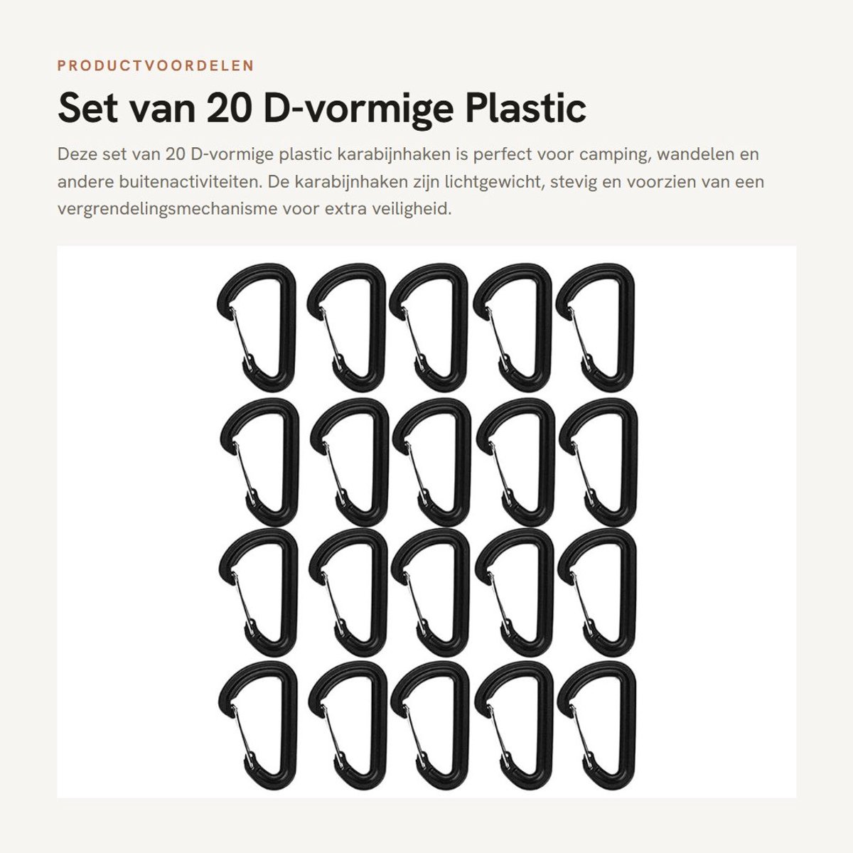 Dailygoods- Karabijnhaak 20 stuks - D-vormige Kunststof - Vergrendelingsgesp - Lichtgewicht - Voor Camping/Wandelen - Met Borging - Clips