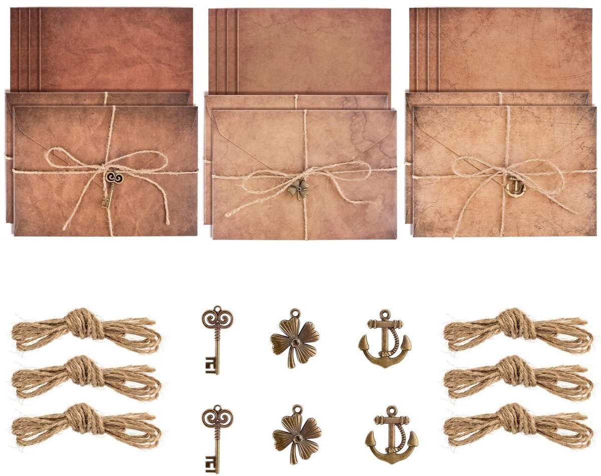 Dailygoods- Briefpapier Vintage Set - 12 Vellen Briefpapier - 6 Enveloppen - Retro Design - Henneptouwen - Metalen Accessoires - Kraftpapier - Wenskaarten