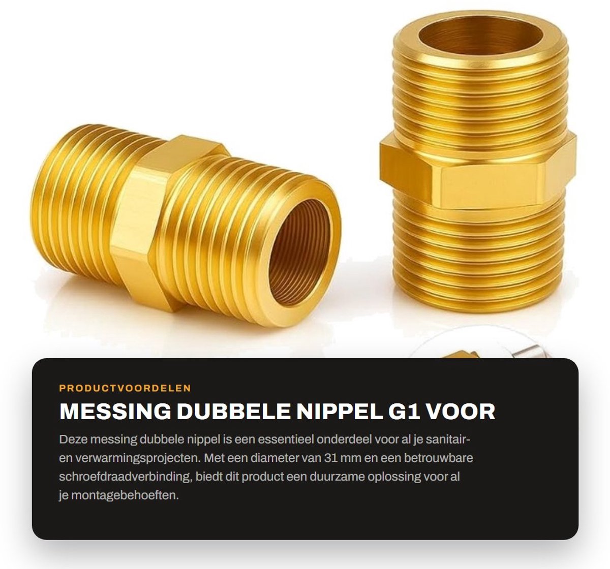 Dailygoods- Nippel 2 Stuks - Dubbele Nippel G1 - Messing - 4/4 Inch