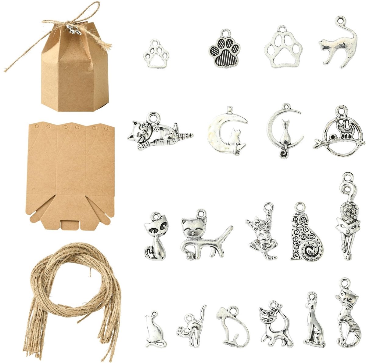 Dailygoods - 20 Antieke Zilveren Kattenbedels met Papieren Geschenkdozen
