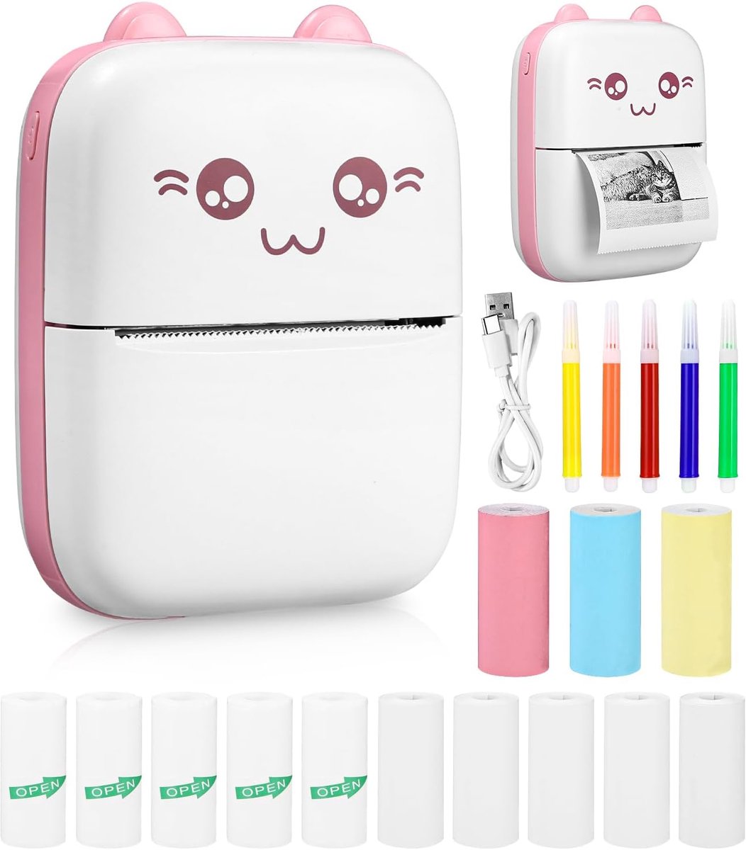 Draagbare Printer - Mini Bluetooth Printer - Labels Printen - Inclusief 13 Rollen - 57x25mm Papier - Roze Kat