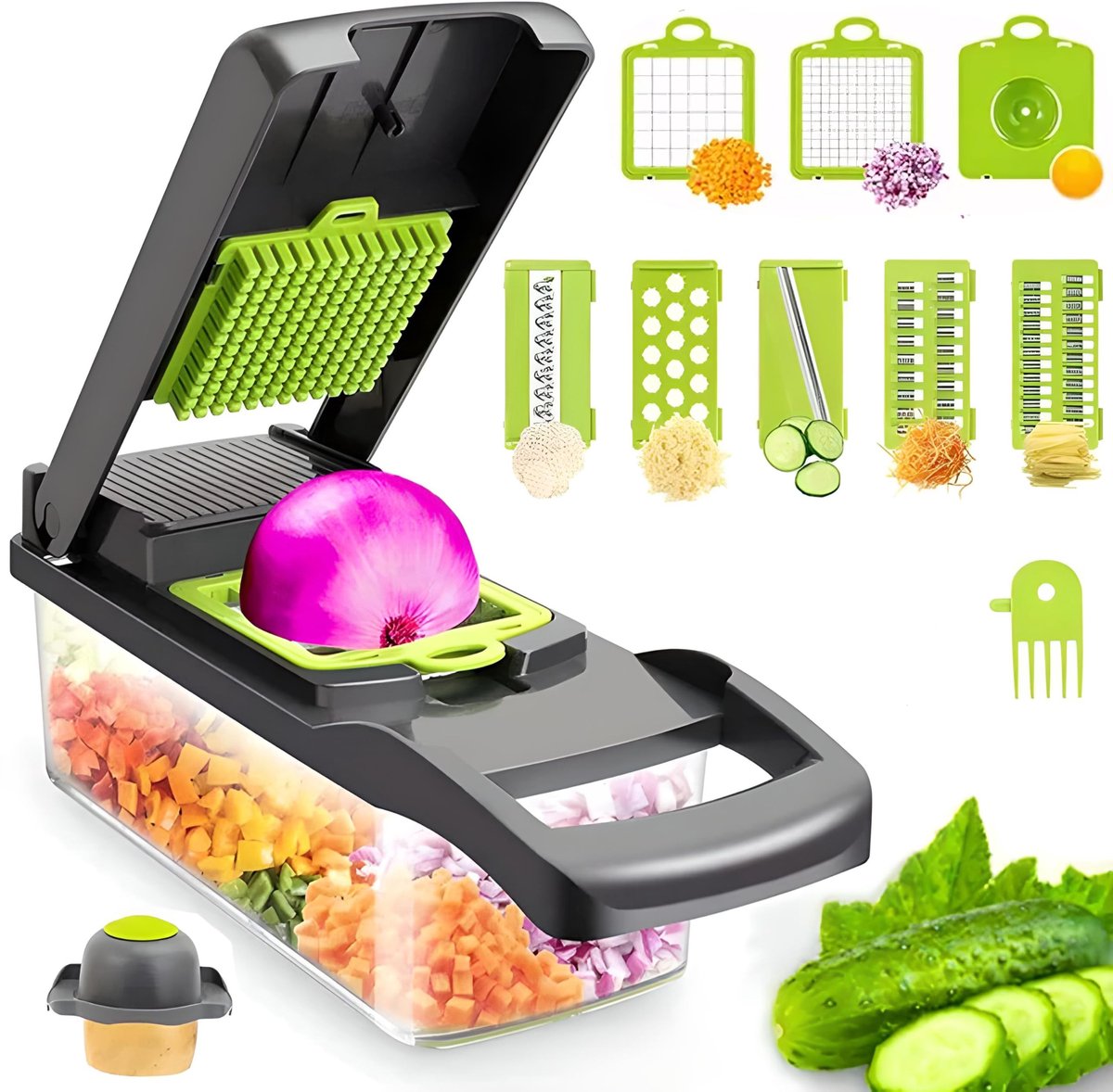 Dailygoods- Groentesnijder 12-in-1 - Professionele Keukensnijder - 7 Verwisselbare Messen - Roestvrij Staal - Duurzaam - 28,5 x 10 x 11,5 cm - Keukenmachine