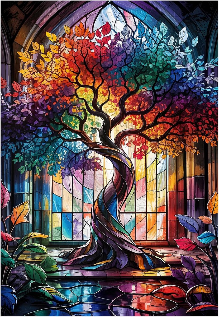 Houten Puzzel - Volwassenen Speelgoed - Ontspanning Thuis - Glas in Lood Design - 300 Stukjes - Multicolor