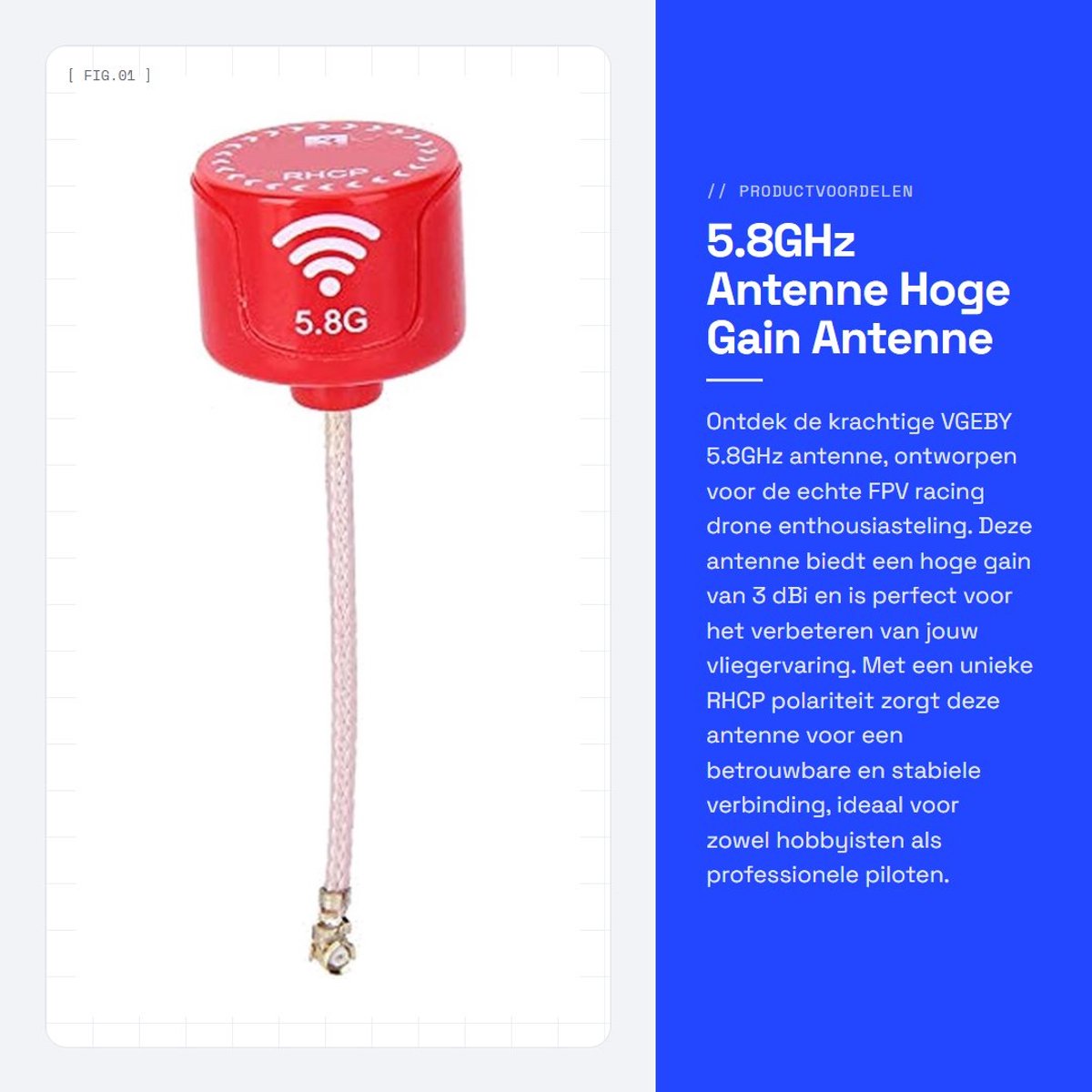 Dailygoods- Antenne 5,8 GHz 3 dBi Hoge Gain - RHCP - UFL/MMCX Connector - FPV Drone Accessoire - Laag Stroomverlies - Eenvoudig te Installeren