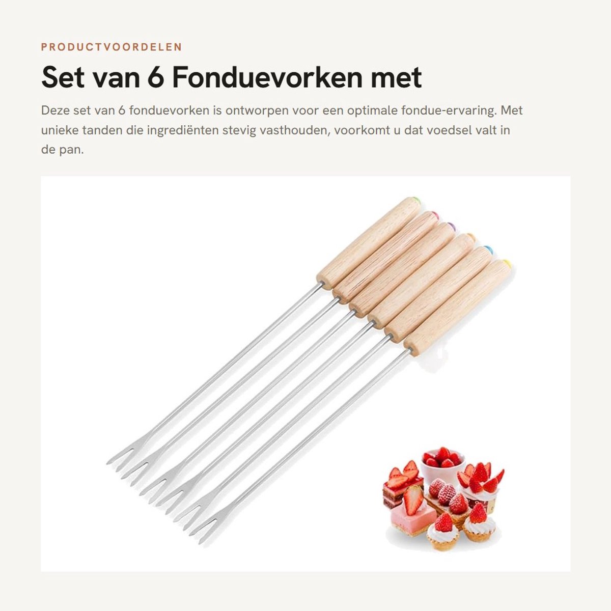 Dailygoods- Fonduevork 6 Stuks - Roestvrij Staal - Eiken Handgrepen - Multifunctioneel - Geschikt voor Kaas-/Chocoladefondue - Uniek Design - Fondueprikker