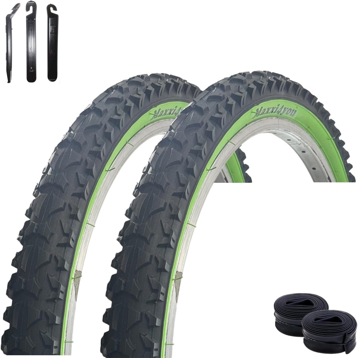 Fietsbanden Set - Banden Binnenbanden - Comfortabel Fietsen - Inclusief Bandenlichter - 24 x 1.95 Inch - Zwart Groen
