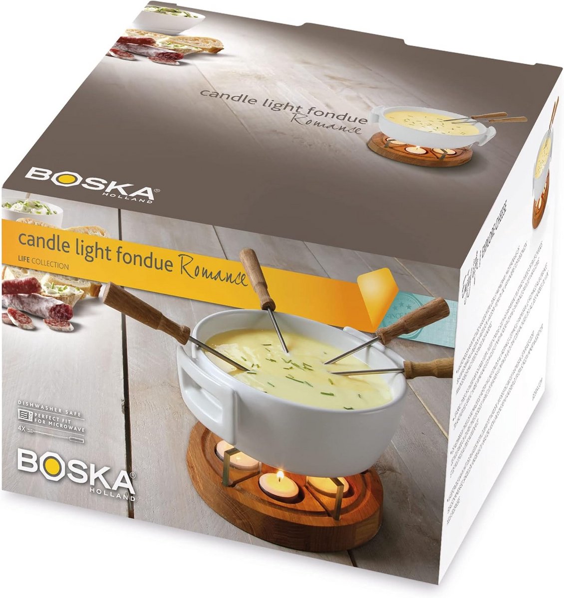 Kaasfondue set - Smeltpan met brander - Gezellig tafelen - Glas en eiken onderstel - 1.8 liter inhoud - Zwart – foto 3