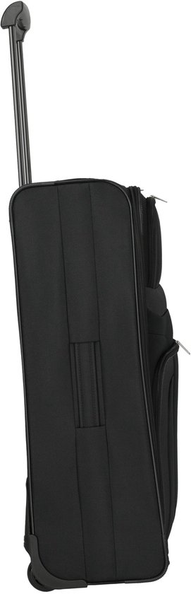 Vue latérale d'une valise trolley noire avec poignée, fermetures éclair et roues.