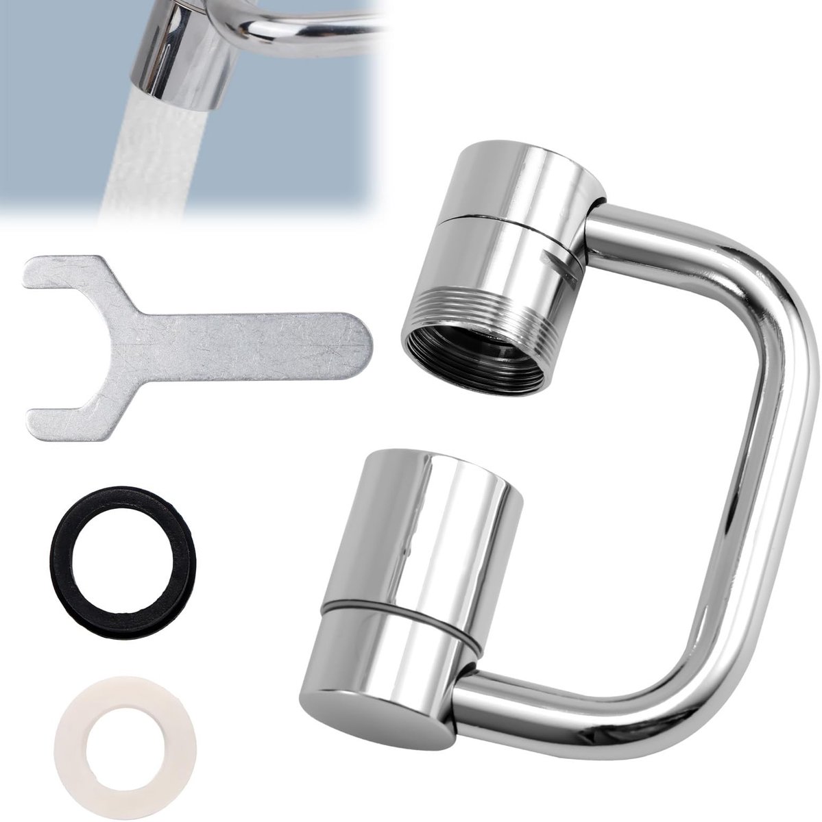 Dailygoods- Kraanverlenging Roterend 1080° - Verstelbare Flexiflow - Ringen - Sleutel - Roestvrij Staal - Praktisch Hulpmiddel - Kraanaccessoire
