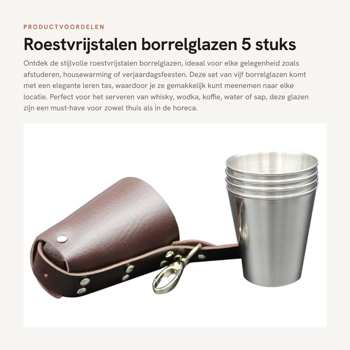 Dailygoods- Borrelglazen 5 stuks - Roestvrij Stalen Drinkbeker - Antilekbeker - Duurzaam - Geschikt voor Whisky/Wodka - Inclusief Bekerzak - Drinkbekers