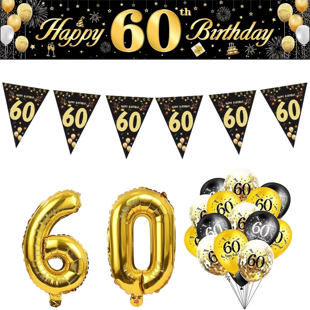 Dailygoods- Verjaardagsversiering 60 Jaar - Feestdecoratie - Ballonnen - Banier - Gelukkige Verjaardag - Aantal 60 Ballonnen