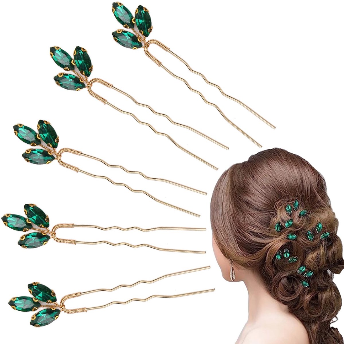 Dailygoods- Bruidshaarspelden met groene strass-steentjes - Haarspelden - Feestsieraden - 5 stuks - U-vormig - Elegant ontwerp - Schitterend vakmanschap - Haaraccessoires