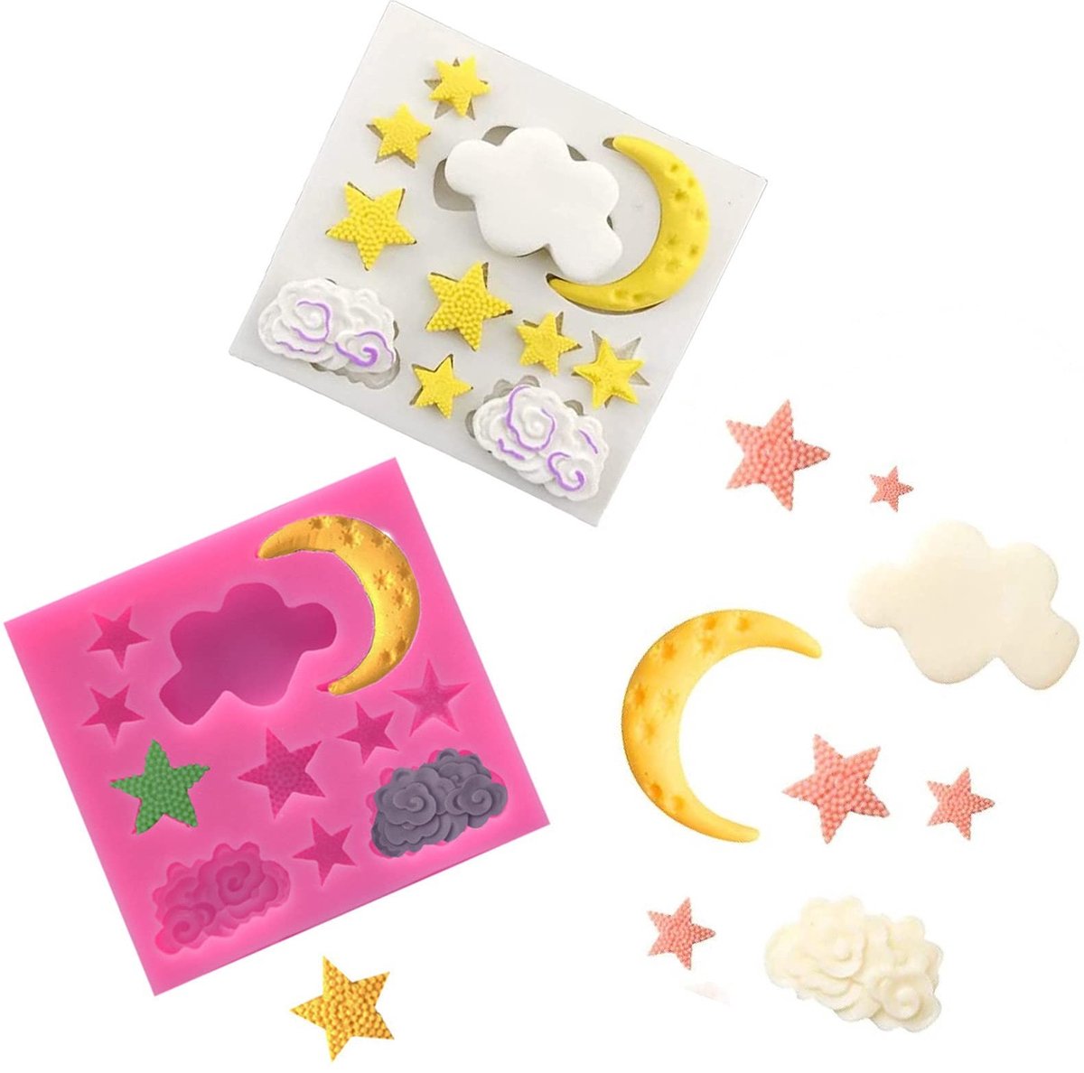 Dailygoods- Siliconen Vormen 2 Stuks - 3D Bakvormen - Fondant/Cake Decoratie - Maan/Ster/Wolk - Duurzaam/Makkelijk Schoon te Maken - Geschikt voor Levensmiddelen - Bakvorm
