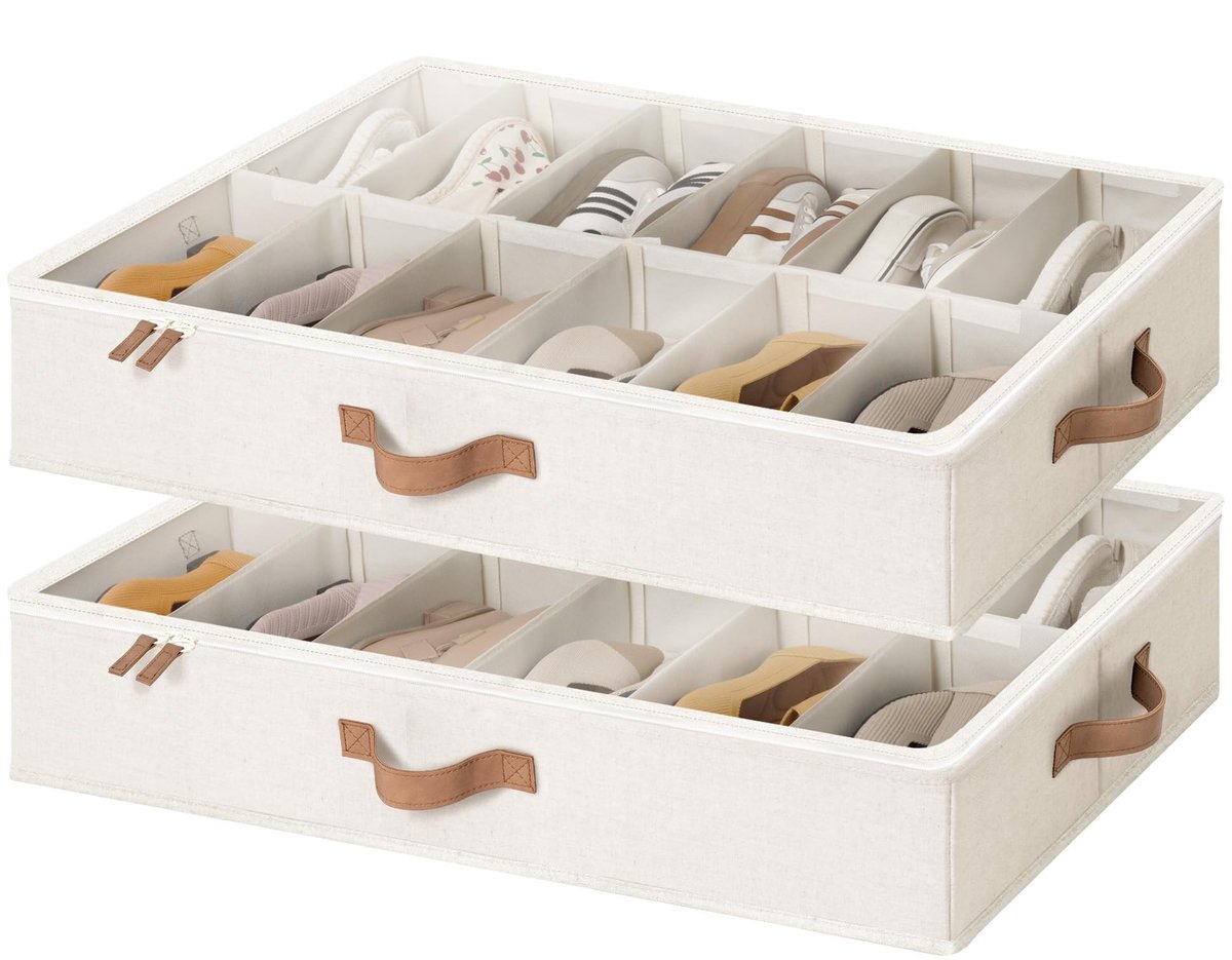 Dailygoods- Schoenenopbergbox Ruimtebesparend - Onder-bed Opbergdoos - Verstelbare Vakken - 2 Stuks - Dikke Stof - Tot 24 Paar Schoenen - Schoenenopberger