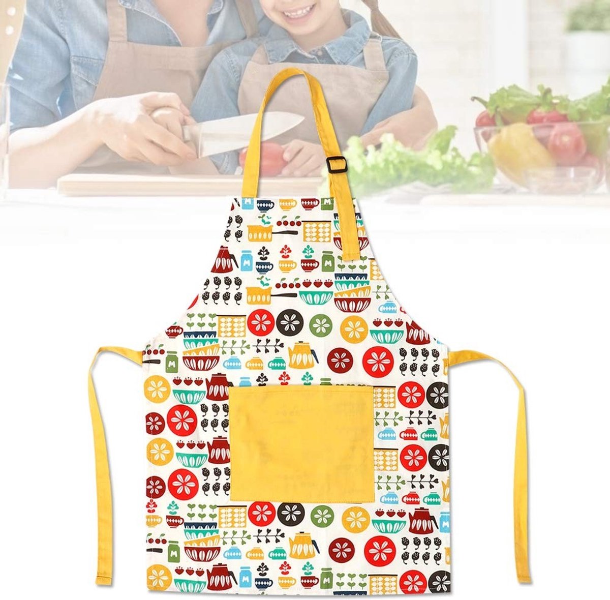 Dailygoods- Schort Kinderen Gewatteerd - Kinderschort met Grote Zakken - Verstelbare Schouderriem - Katoenen Keukenschort - 50x40 cm - Comfortabel en Modieus