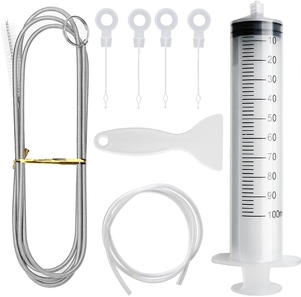 Dailygoods- Reinigingsset 8-delig - Borstel voor Koelkast - Spuit 100 ml - Slang voor Reinigen - IJskrabber - Afvoergat-inzetstukken - Koelkastreiniger