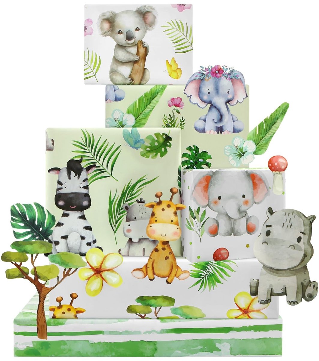 Dailygoods- Inpakpapier 6 Vellen - Tropische Jungle Dieren - Aquarel Ontwerpen - Geschenkpapier Verjaardag - Babyshower - 50x70cm