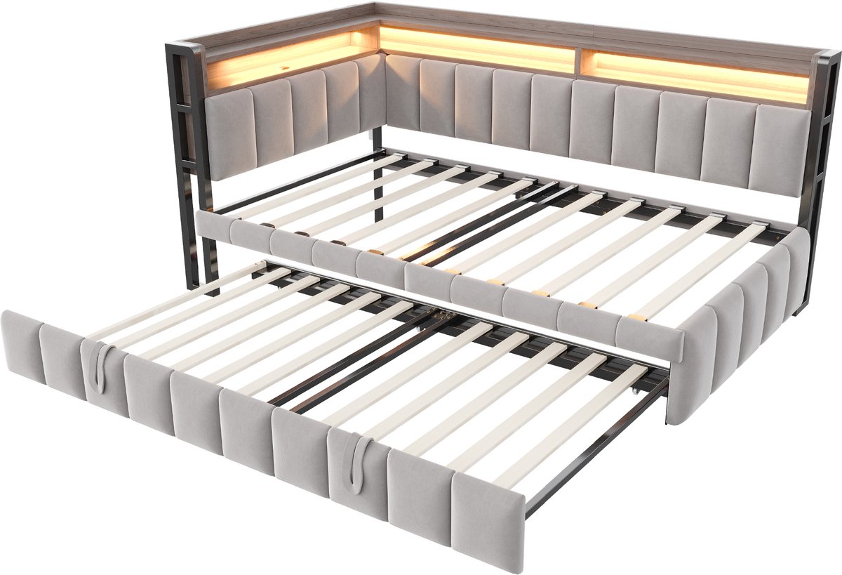DESMIU Slaapbank 90x200 cm – Uitschuifbaar Eenpersoonsbed Met LED En USB C – Opbergvakken In Hoofd En Voeteinde – Zonder Matras – Fluweel – Grijs Lichtgrijs
