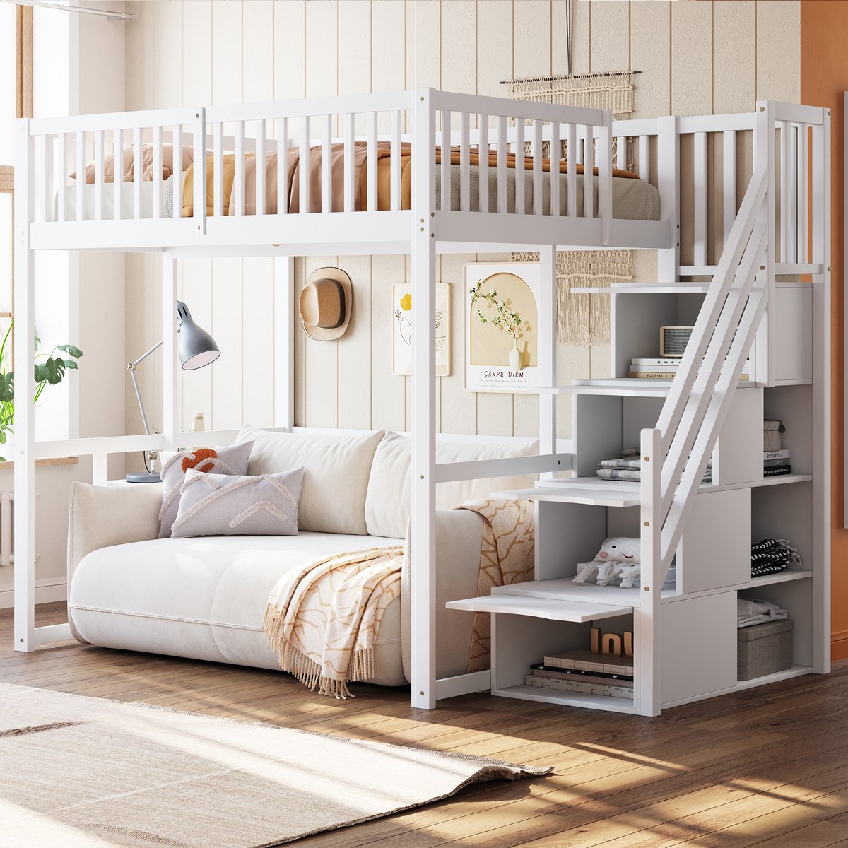 DESMIU Hoogslaper 140x200 cm – Met Veilige Opbergtrap En Veiligheidsrand – Ruimtebesparend Met Open Onderzijde – Voor Kinderkamer – Hout – Wit – Zonder Matras