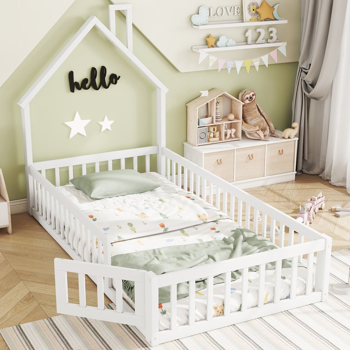 DESMIU Kinderbed 90x200 cm – Huisbed Met Schoorsteenvorm – Veiligheidshek Rondom – Zonder Matras – Voor Kinderkamer – Grenenhout En MDF – Wit