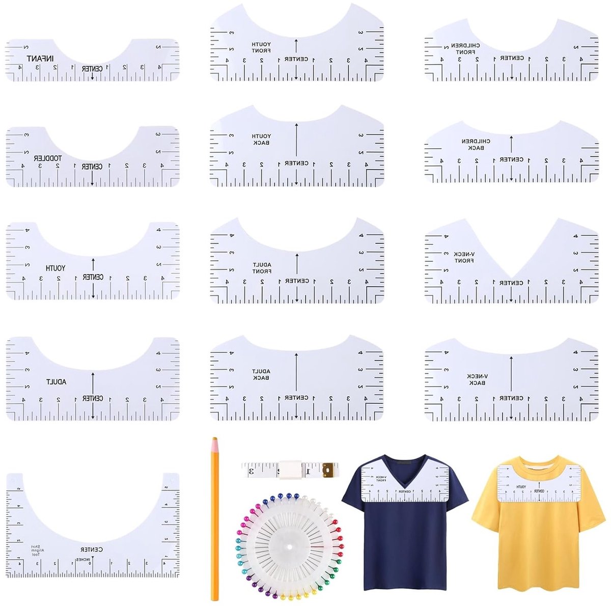 Set van 16 T-Shirt Uitlijnhulpmiddelen, DIY Centreringsgereedschap voor T-Shirts, PVC Liniaal voor Naaien en Creatieve Projecten